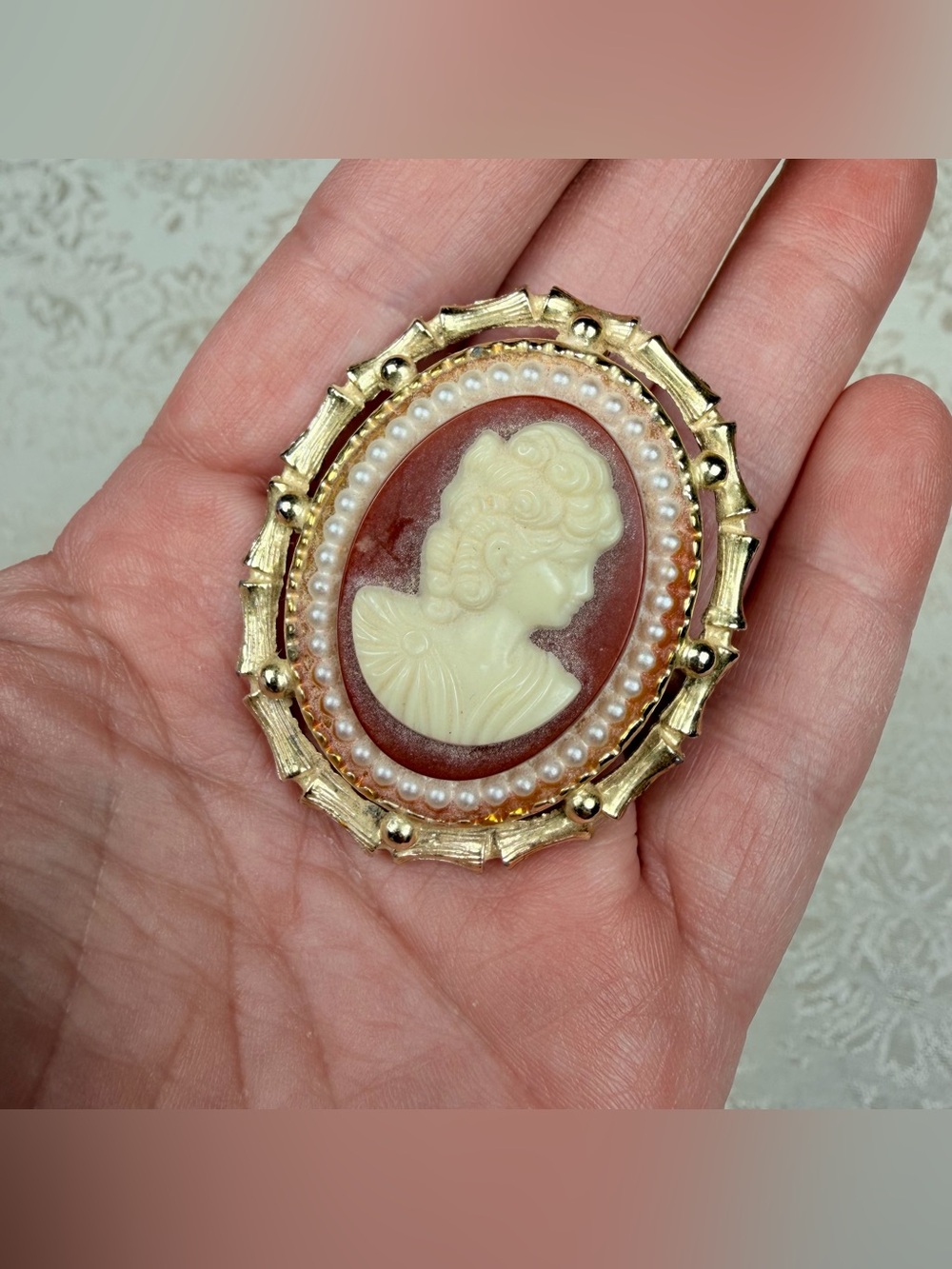 Classic Large Cameo Brooch, Vintage, Pearls, Statement